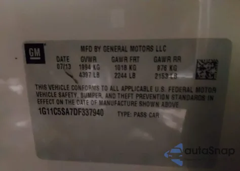 2013 Chevrolet Malibu 1Lt z USA, uszkodzony, nr VIN 1G11C5SA7DF337940